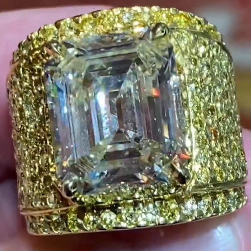 10ct Emerald Cut White Sapphire Pave Set Handmade Men's Wide Ring