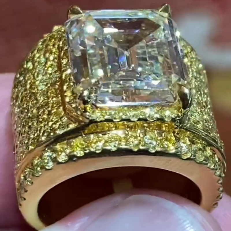 10ct Emerald Cut White Sapphire Pave Set Handmade Men's Wide Ring