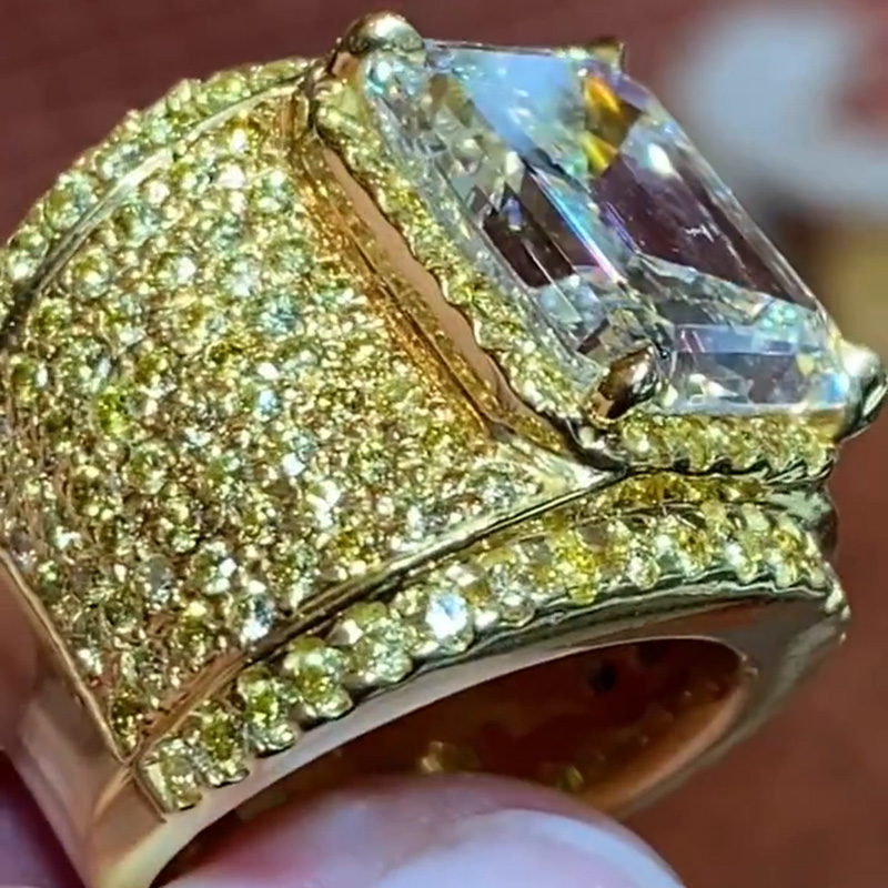 10ct Emerald Cut White Sapphire Pave Set Handmade Men's Wide Ring