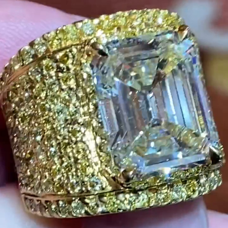 10ct Emerald Cut White Sapphire Pave Set Handmade Men's Wide Ring