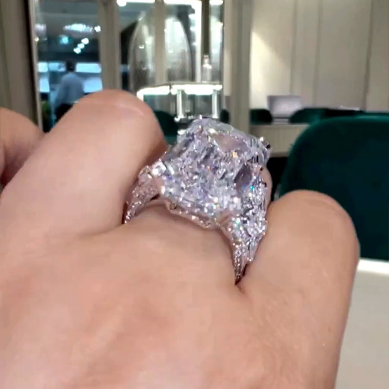 14ct Emerald Cut White Sapphire Wide Band Art Deco Luxury Engagement Ring