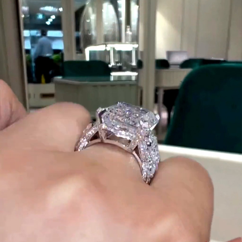 14ct Emerald Cut White Sapphire Wide Band Art Deco Luxury Engagement Ring