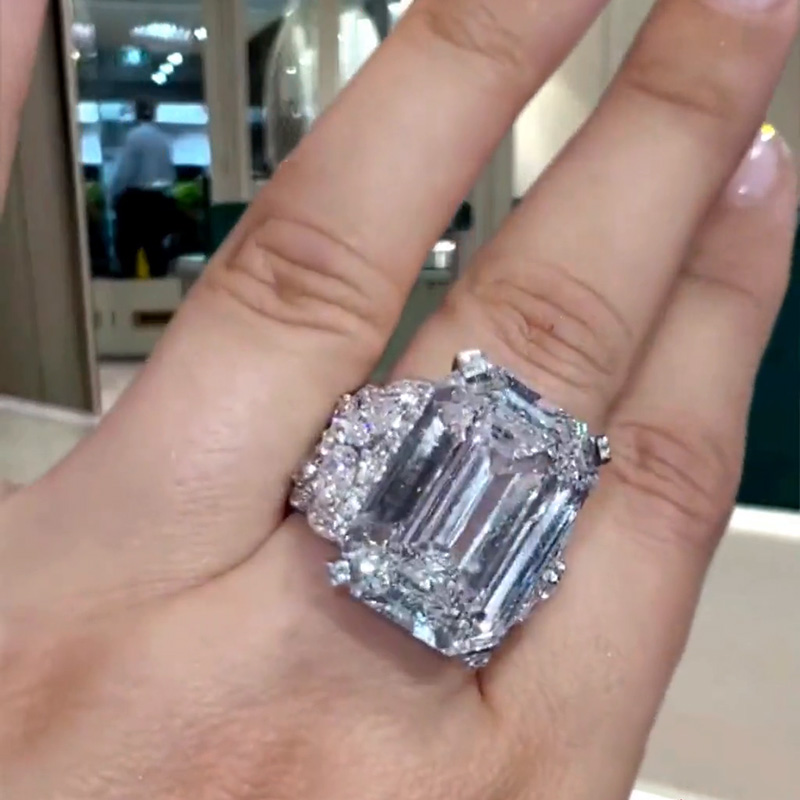 14ct Emerald Cut White Sapphire Wide Band Art Deco Luxury Engagement Ring