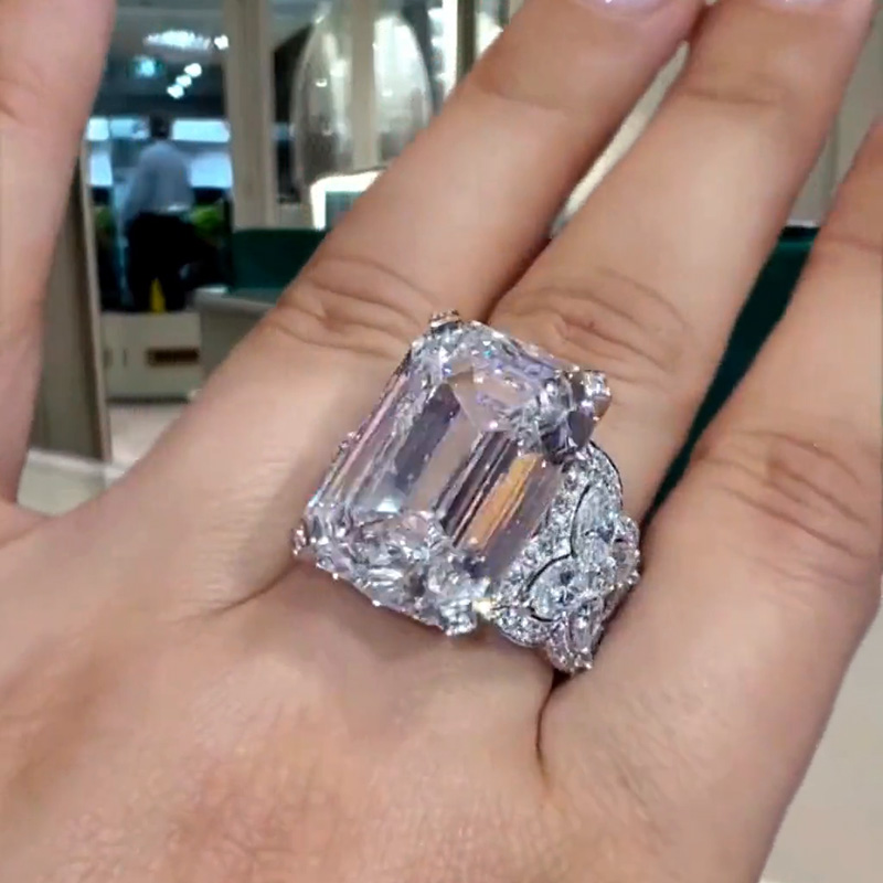 14ct Emerald Cut White Sapphire Wide Band Art Deco Luxury Engagement Ring