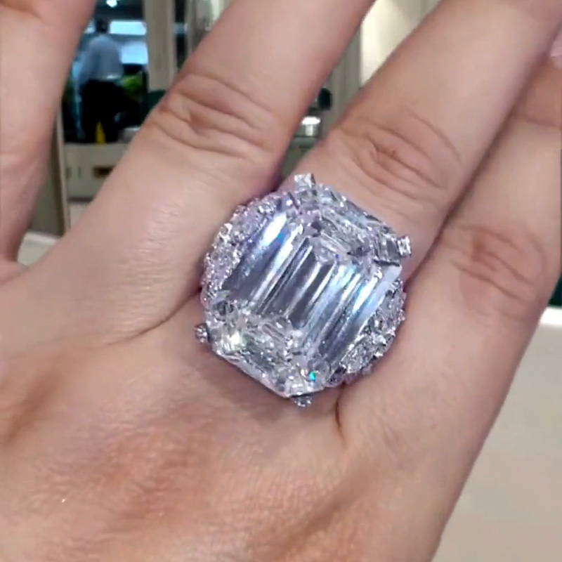 14ct Emerald Cut White Sapphire Wide Band Art Deco Luxury Engagement Ring