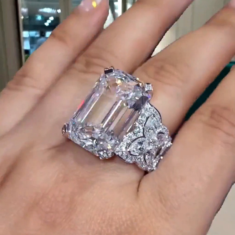 14ct Emerald Cut White Sapphire Wide Band Art Deco Luxury Engagement Ring