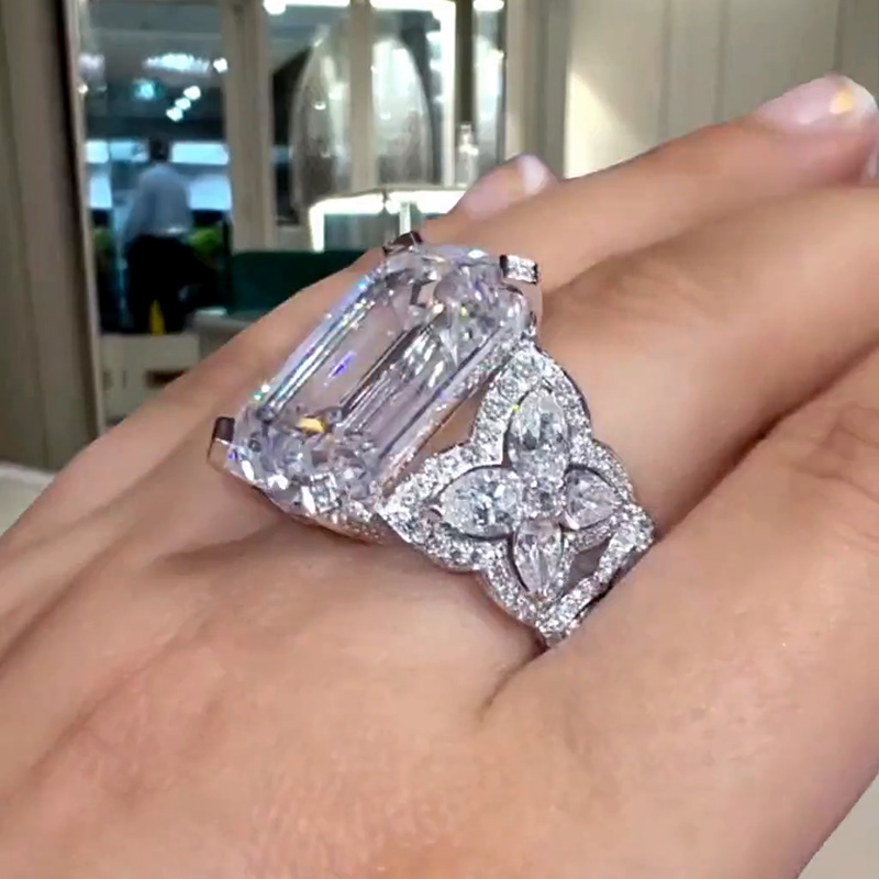 14ct Emerald Cut White Sapphire Wide Band Art Deco Luxury Engagement Ring