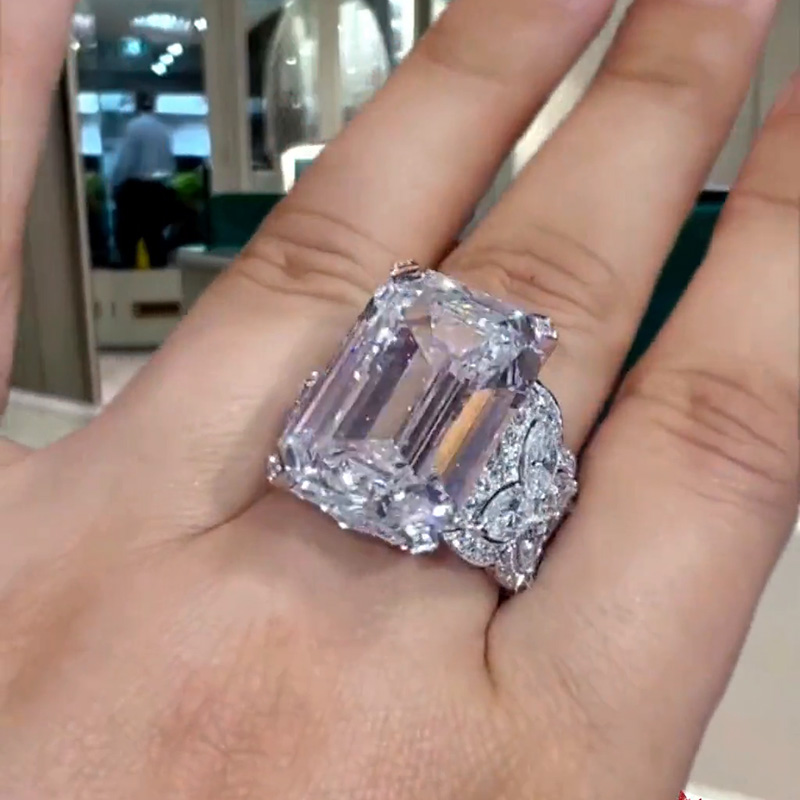 14ct Emerald Cut White Sapphire Wide Band Art Deco Luxury Engagement Ring