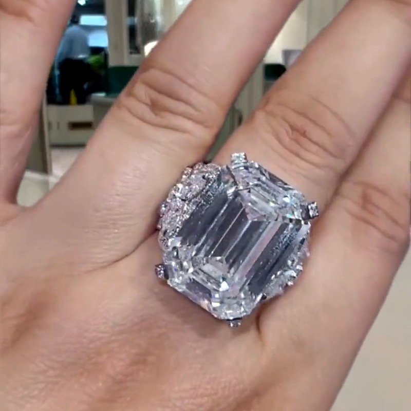 14ct Emerald Cut White Sapphire Wide Band Art Deco Luxury Engagement Ring