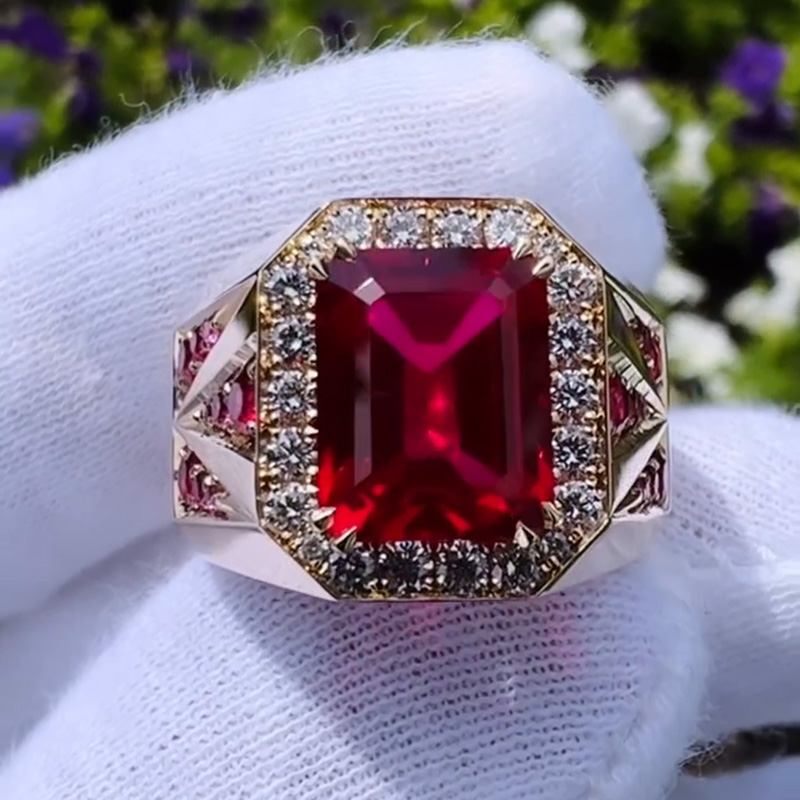 6.5ct Emerald Cut Ruby Halo Handmade Yellow Gold Men's Ring