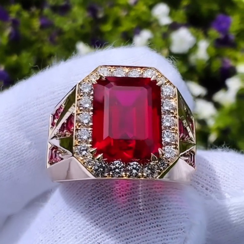 6.5ct Emerald Cut Ruby Halo Handmade Yellow Gold Men's Ring