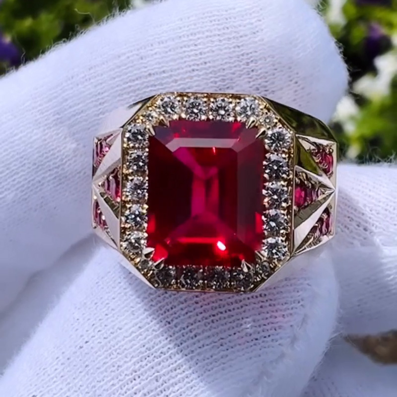 6.5ct Emerald Cut Ruby Halo Handmade Yellow Gold Men's Ring