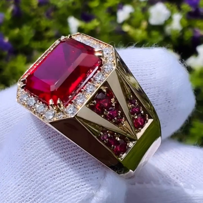 6.5ct Emerald Cut Ruby Halo Handmade Yellow Gold Men's Ring