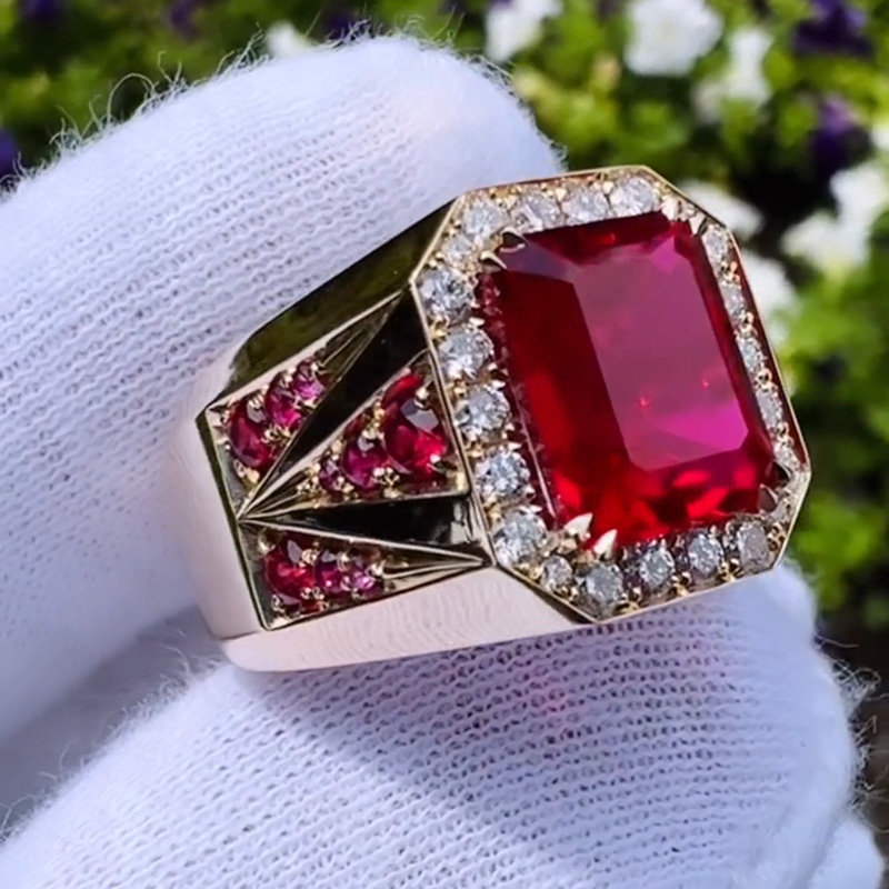 6.5ct Emerald Cut Ruby Halo Handmade Yellow Gold Men's Ring