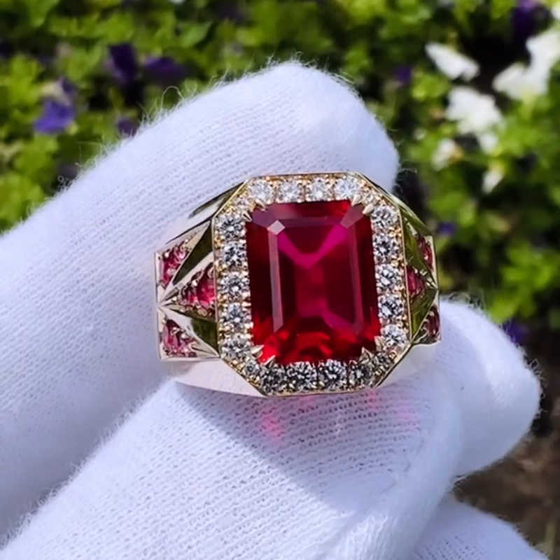 6.5ct Emerald Cut Ruby Halo Handmade Yellow Gold Men's Ring