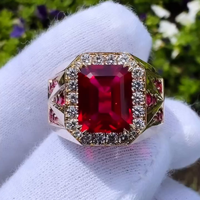 6.5ct Emerald Cut Ruby Halo Handmade Yellow Gold Men's Ring