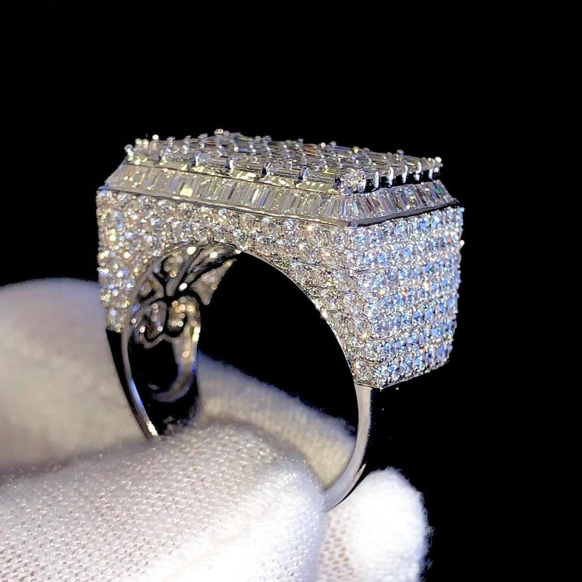 8ct Baguette Cut White Sapphire Half Pave Set Band Handmade Men's Ring