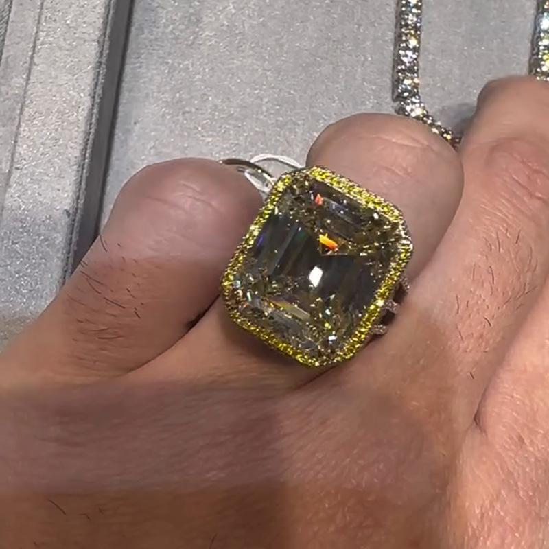 15ct Emerald Cut White Sapphire With Yellow Sapphires Halo Split Shank Handmade Men's Ring