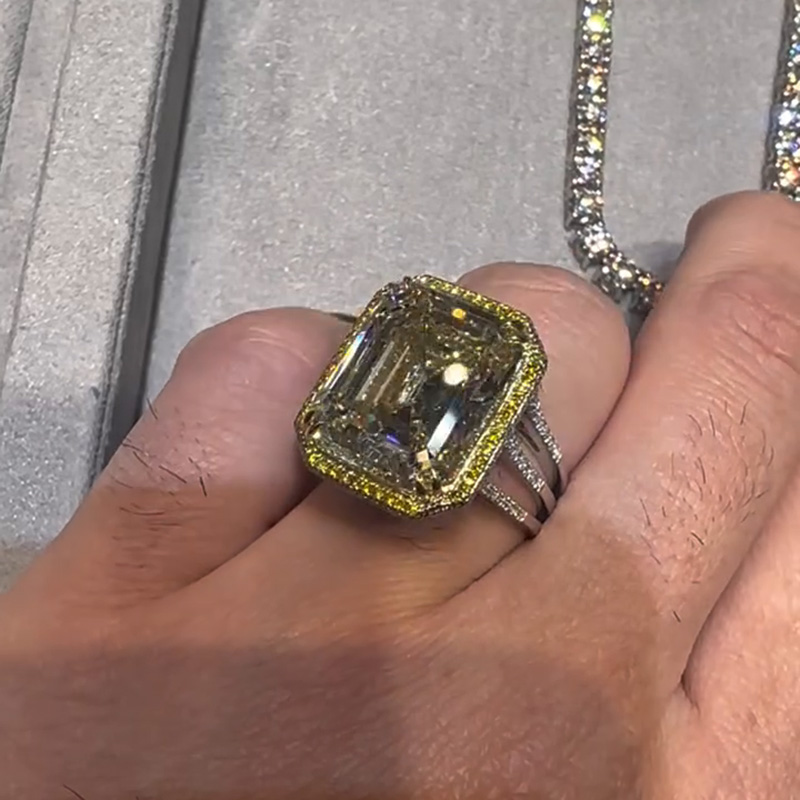 15ct Emerald Cut White Sapphire With Yellow Sapphires Halo Split Shank Handmade Men's Ring