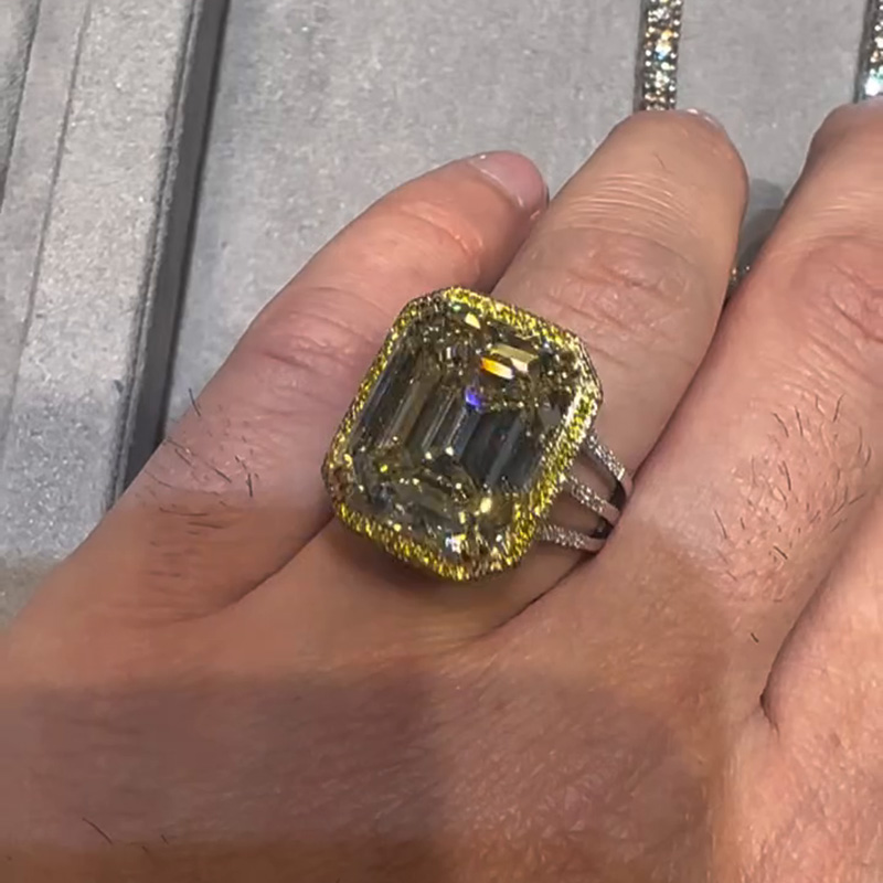 15ct Emerald Cut White Sapphire With Yellow Sapphires Halo Split Shank Handmade Men's Ring