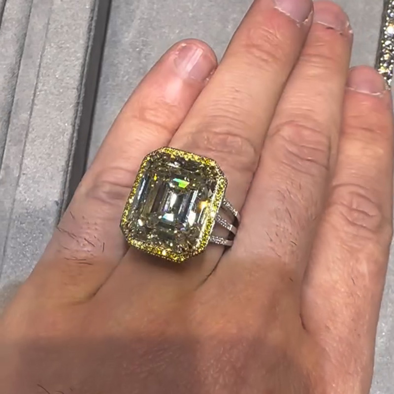 15ct Emerald Cut White Sapphire With Yellow Sapphires Halo Split Shank Handmade Men's Ring