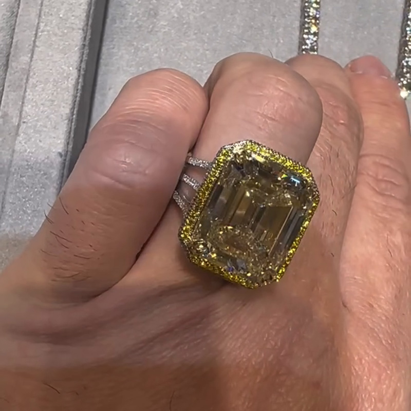 15ct Emerald Cut White Sapphire With Yellow Sapphires Halo Split Shank Handmade Men's Ring