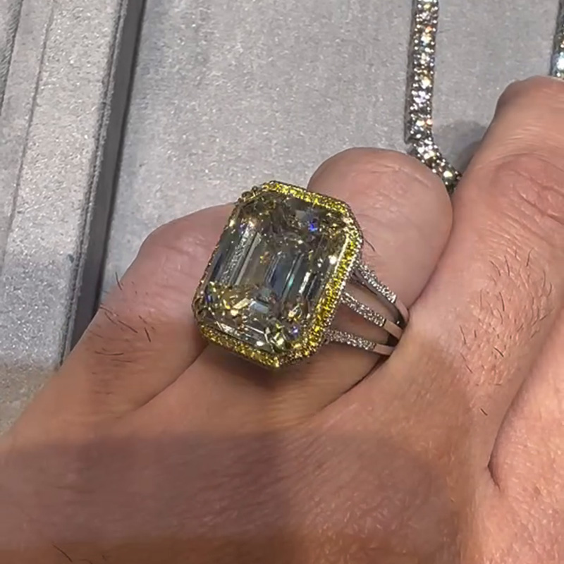 15ct Emerald Cut White Sapphire With Yellow Sapphires Halo Split Shank Handmade Men's Ring