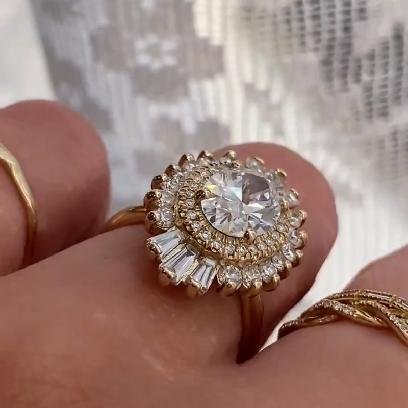 2ct Oval Cut White Sapphire Flower Design Yellow Gold Vintage Handmade Engagement Ring