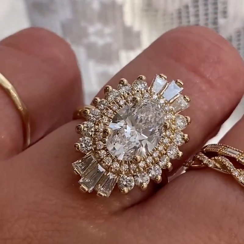 2ct Oval Cut White Sapphire Flower Design Yellow Gold Vintage Handmade Engagement Ring