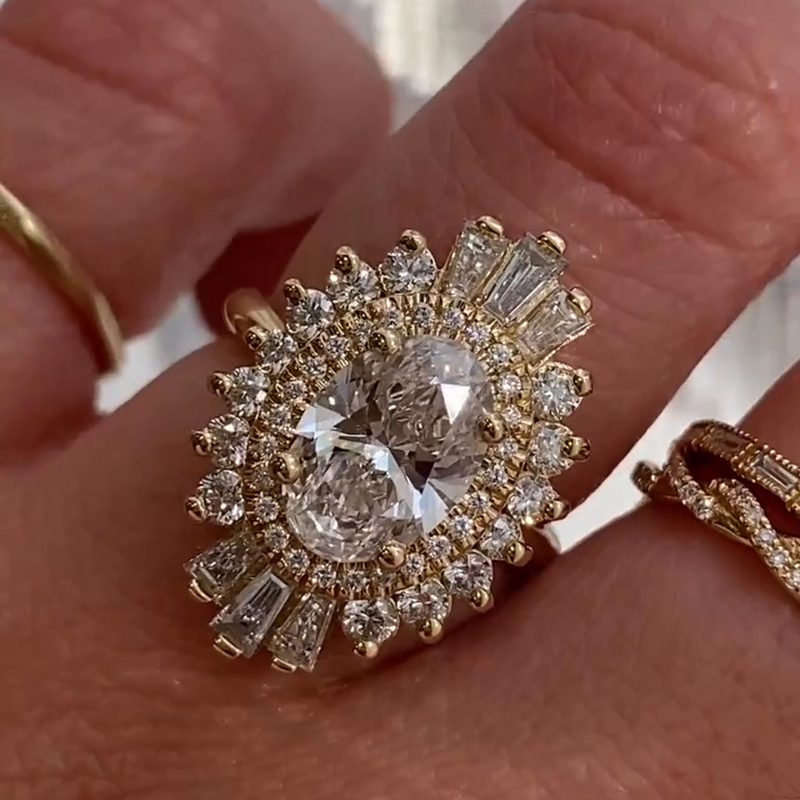 2ct Oval Cut White Sapphire Flower Design Yellow Gold Vintage Handmade Engagement Ring