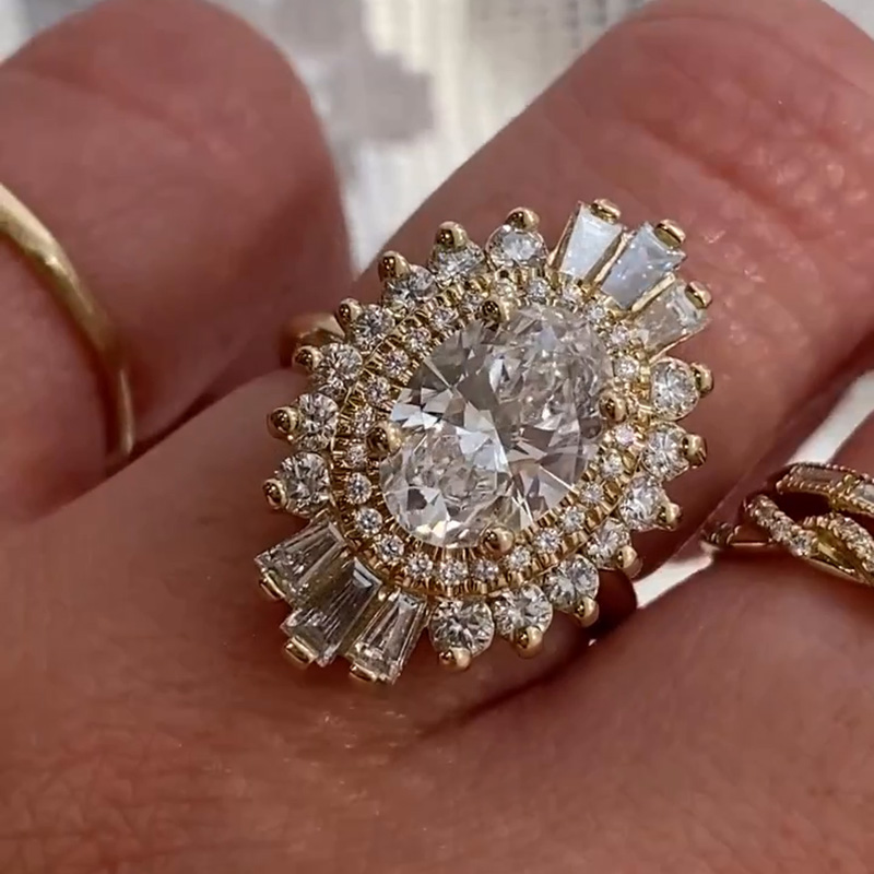 2ct Oval Cut White Sapphire Flower Design Yellow Gold Vintage Handmade Engagement Ring