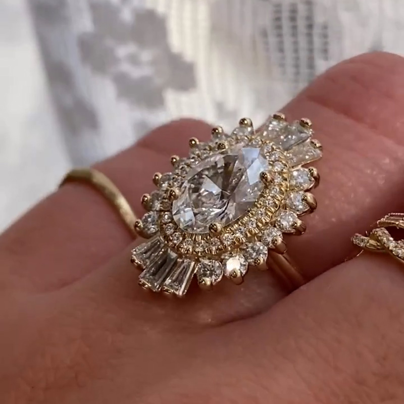 2ct Oval Cut White Sapphire Flower Design Yellow Gold Vintage Handmade Engagement Ring