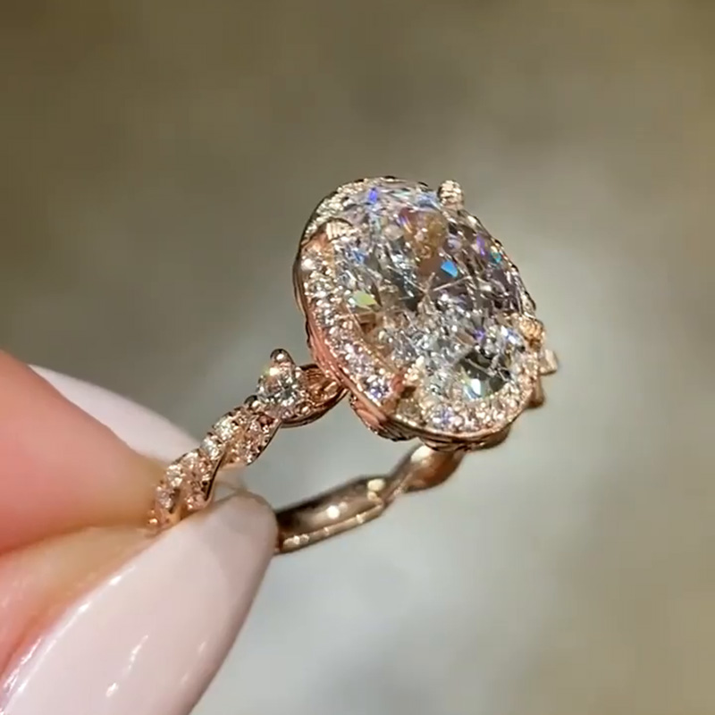 2.5ct Oval Cut White Sapphire Halo Ivy Band Design Rose Gold Vintage Handmade Engagement Ring