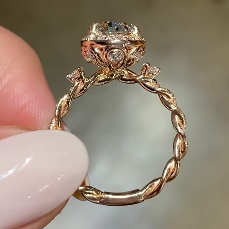 2.5ct Oval Cut White Sapphire Halo Ivy Band Design Rose Gold Vintage Handmade Engagement Ring