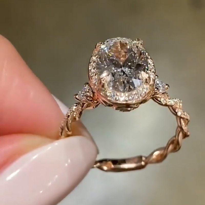2.5ct Oval Cut White Sapphire Halo Ivy Band Design Rose Gold Vintage Handmade Engagement Ring