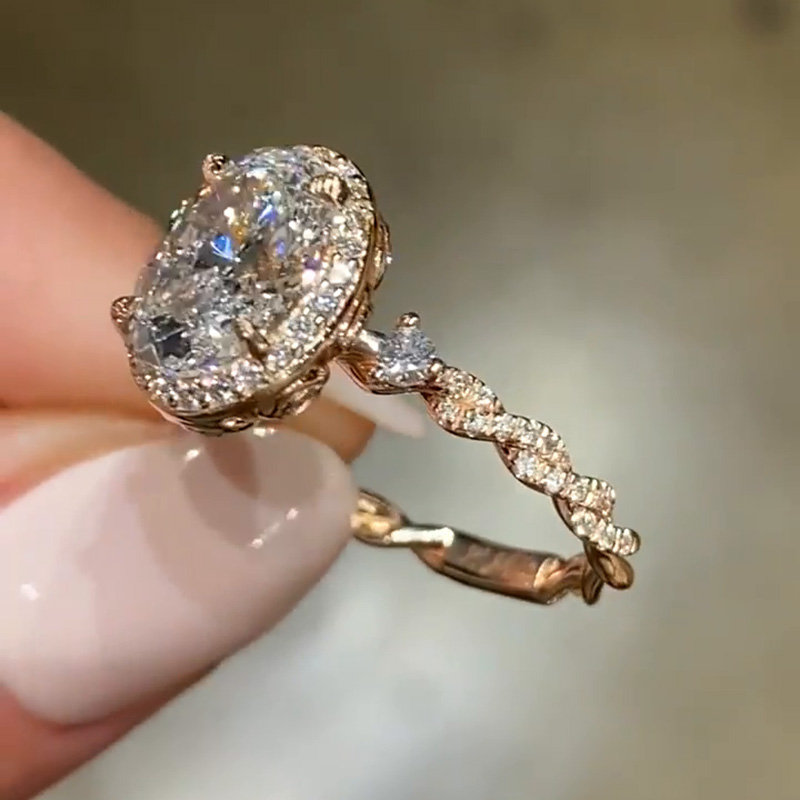 2.5ct Oval Cut White Sapphire Halo Ivy Band Design Rose Gold Vintage Handmade Engagement Ring