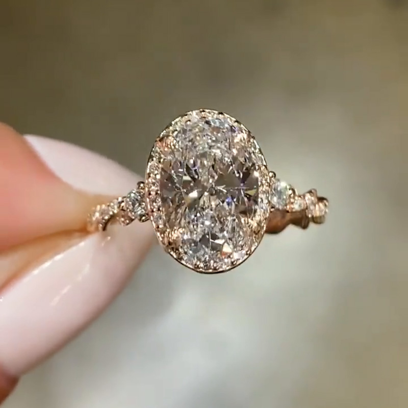 2.5ct Oval Cut White Sapphire Halo Ivy Band Design Rose Gold Vintage Handmade Engagement Ring
