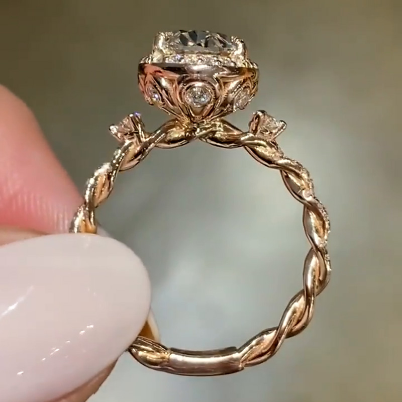 2.5ct Oval Cut White Sapphire Halo Ivy Band Design Rose Gold Vintage Handmade Engagement Ring