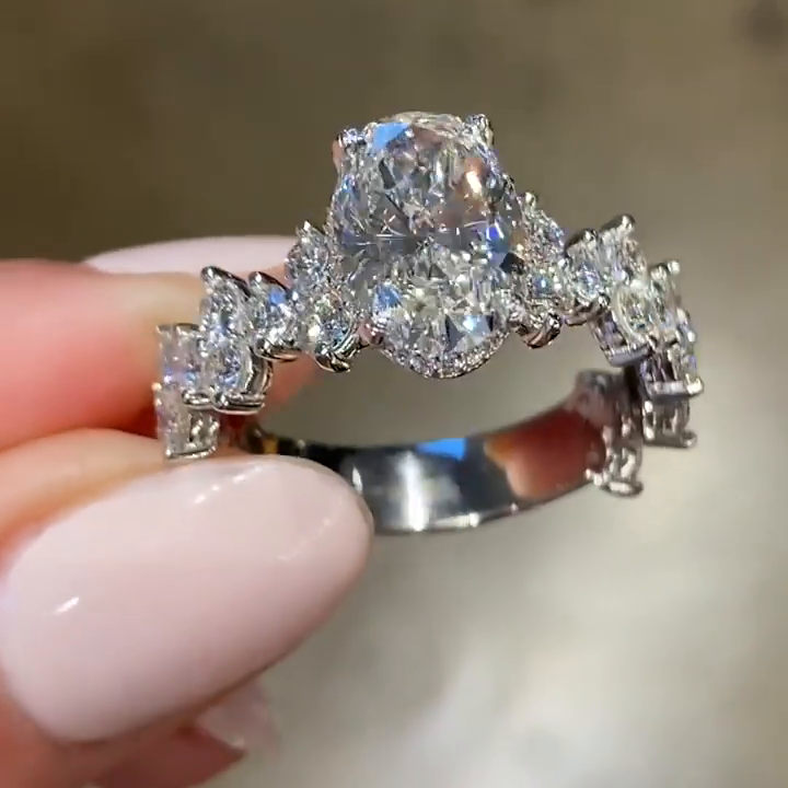 2.5ct Oval Cut White Sapphire Hidden Halo Vintage Handmade Engagement Ring