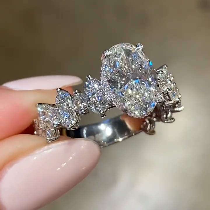 2.5ct Oval Cut White Sapphire Hidden Halo Vintage Handmade Engagement Ring