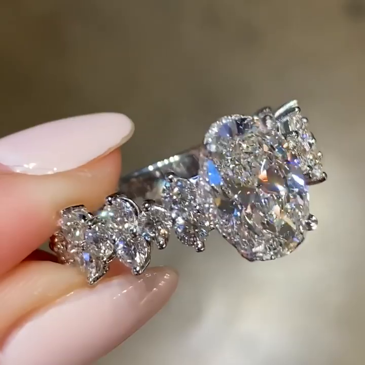 2.5ct Oval Cut White Sapphire Hidden Halo Vintage Handmade Engagement Ring