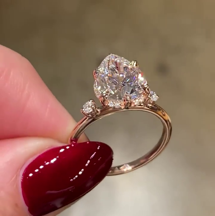 3ct Pear Cut White Sapphire Hidden Halo Classic Rose Gold Handmade Engagement Ring