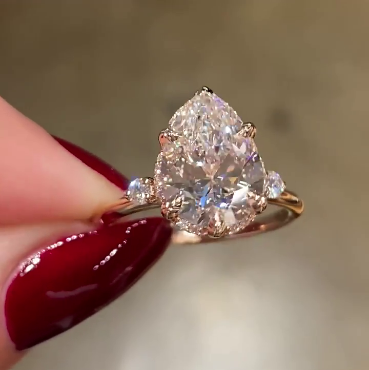 3ct Pear Cut White Sapphire Hidden Halo Classic Rose Gold Handmade Engagement Ring