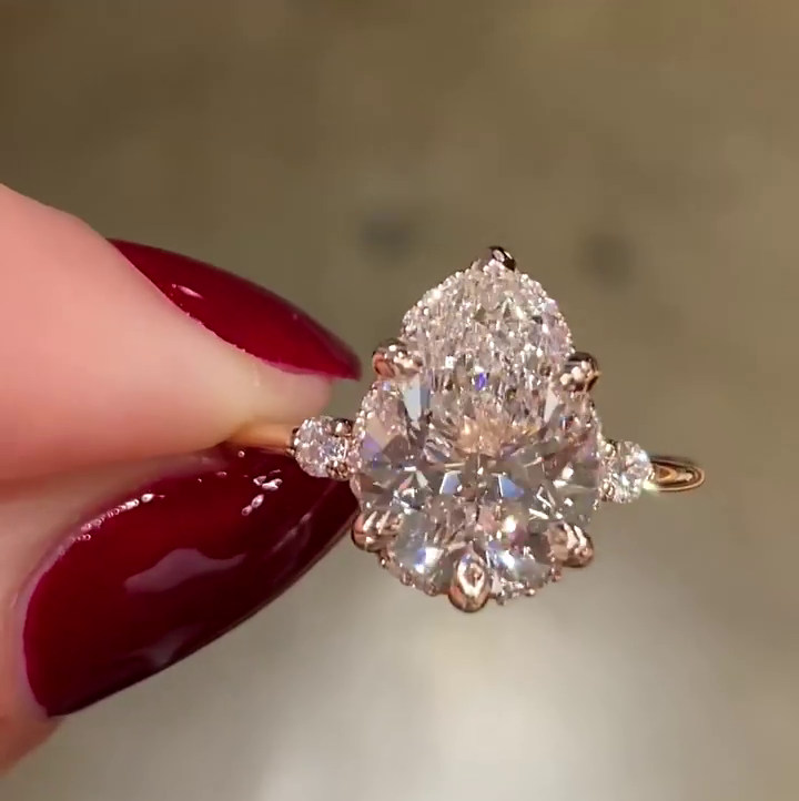 3ct Pear Cut White Sapphire Hidden Halo Classic Rose Gold Handmade Engagement Ring