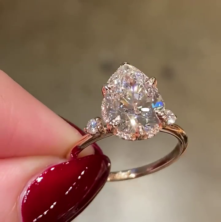 3ct Pear Cut White Sapphire Hidden Halo Classic Rose Gold Handmade Engagement Ring