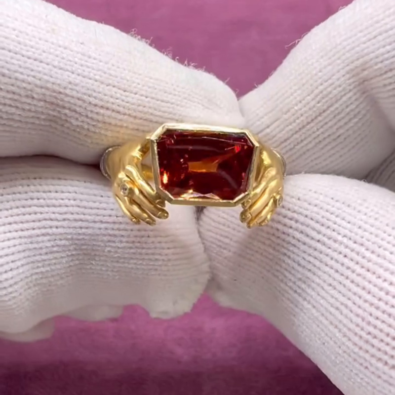 4.5ct Trapezoid Cut Garnet Yellow Gold Handmade Adorned Hands Ring