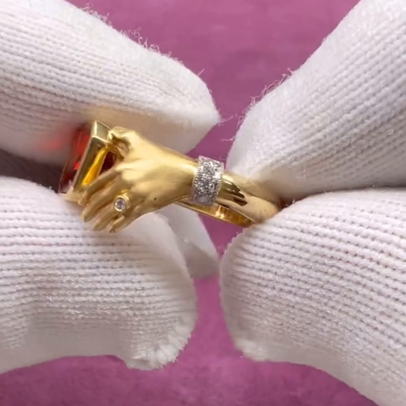 4.5ct Trapezoid Cut Garnet Yellow Gold Handmade Adorned Hands Ring