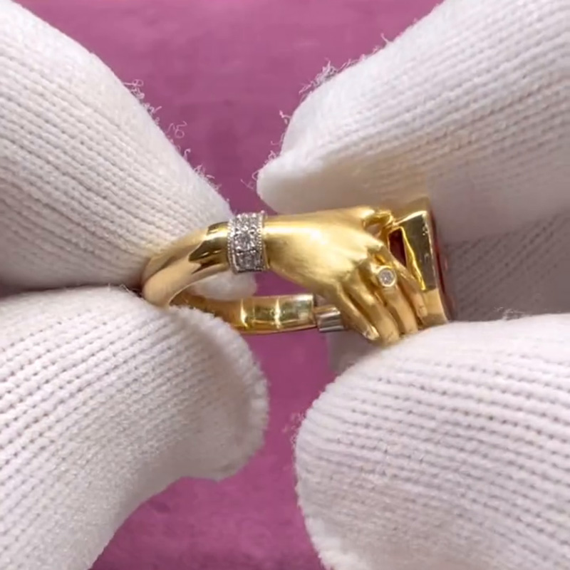 4.5ct Trapezoid Cut Garnet Yellow Gold Handmade Adorned Hands Ring