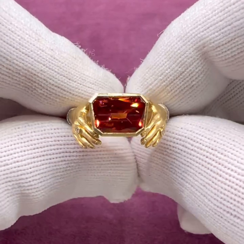 4.5ct Trapezoid Cut Garnet Yellow Gold Handmade Adorned Hands Ring