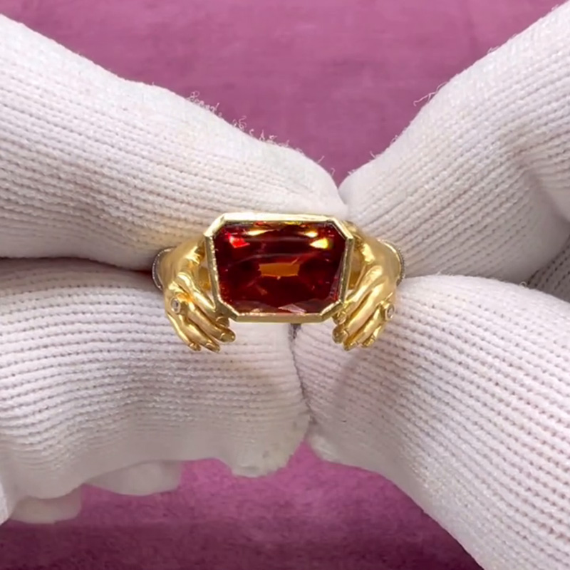 4.5ct Trapezoid Cut Garnet Yellow Gold Handmade Adorned Hands Ring